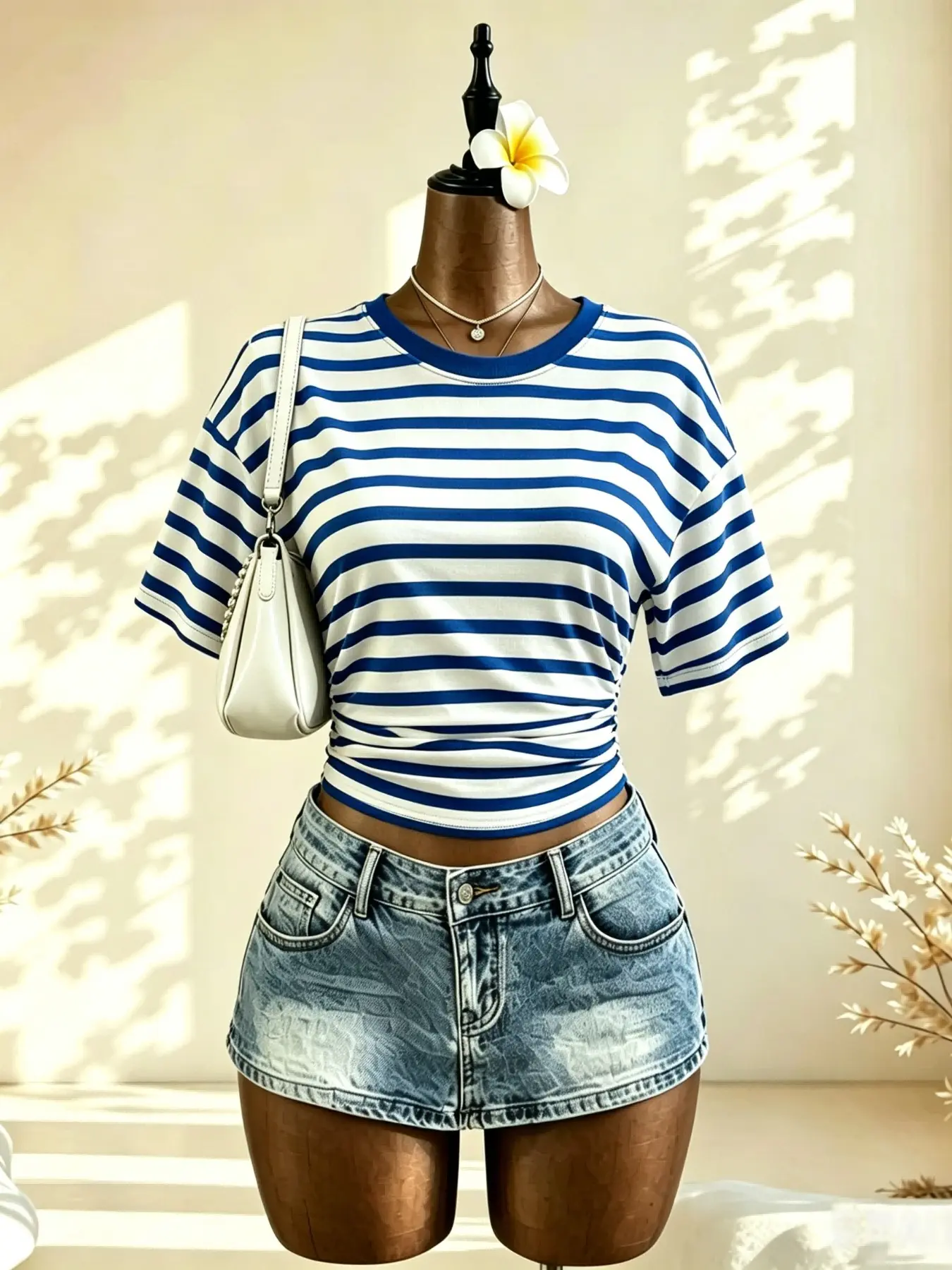 Women's Ruched Slim Fit Short Sleeve T-Shirt, Striped Leopard Print, Round Neck, Casual Summer Top, Comfortable Elastic Fabric