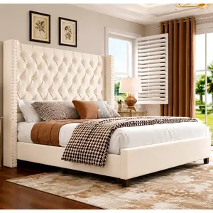 61.4" Tall Bed Frame, Modern Upholstered Bed, Wingback Headboard, Velvet Tufted Handcrafted Pleat Deep Button/Comfort Luxury Design/Interior Wood Slats/No Box Spring Needed, Queen/King Size/Christmas Gifts