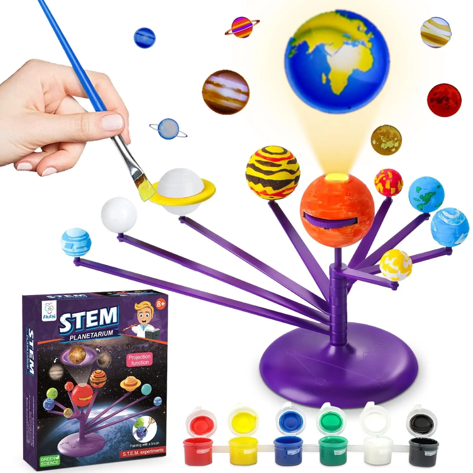 DIY Solar System Projection Model, Kids Steam Educational Toy, Colorable Assembly, Astronomy Science Experiment Kit, Ages 8+, Includes Ag3 Batteries
