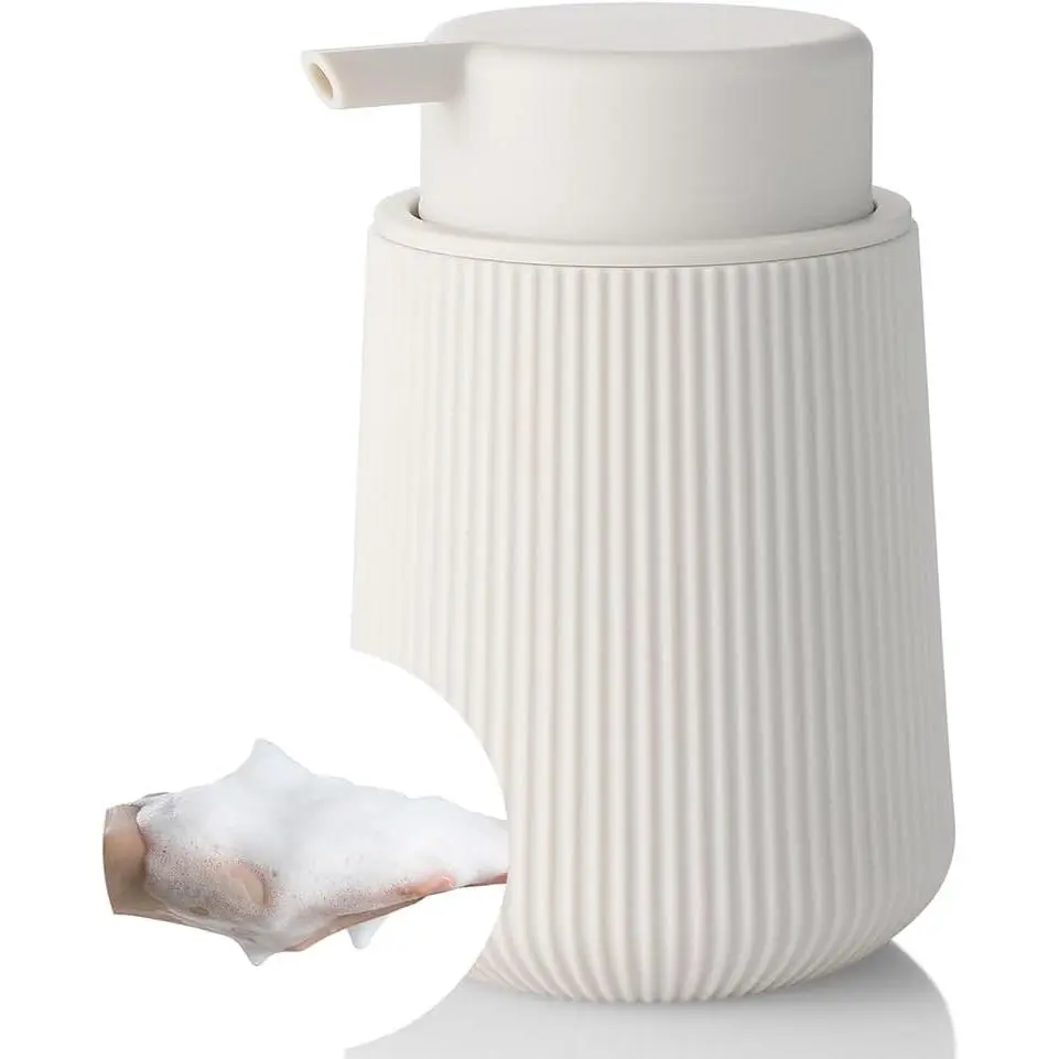 Striped Foaming Hand Soap Dispenser with Leak-Proof Pump for Bathroom and Kitchen Countertop 11oz Beige