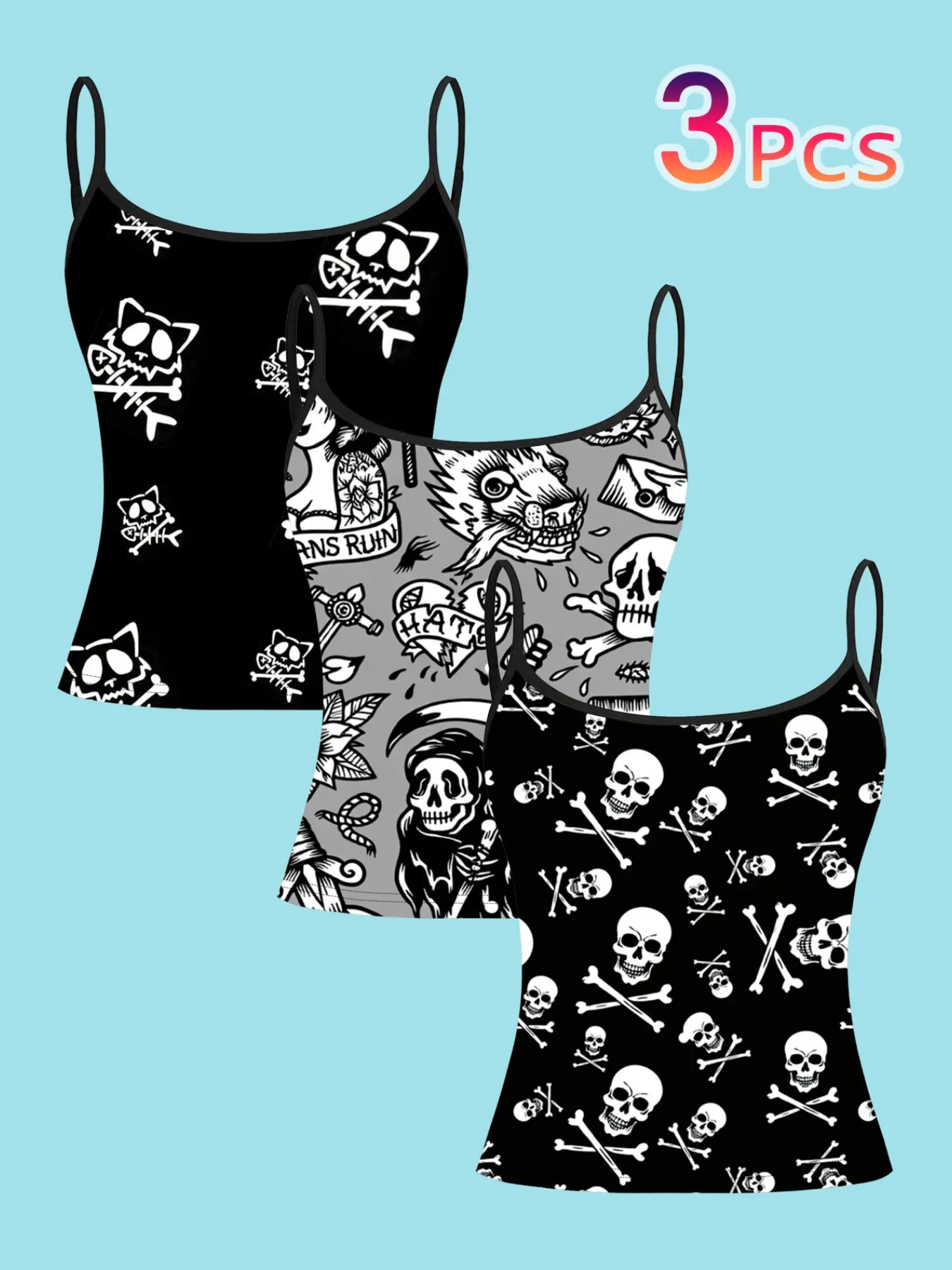 Women's Punk Style Spaghetti Strap Tank Top Set, Skull & Cat Bone Print Design, Slim Fit Casual Summer Sleeveless Tops, Casual All-Season Wear, 3-Piece