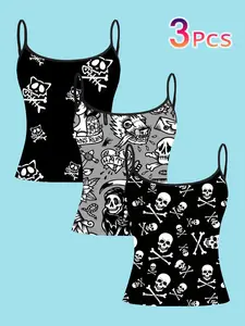 Women's Punk Style Tank Top Set, Skull & Cat Bone Design, Slim Fit Summer Tops, Casual All-Season Wear, 3-Piece