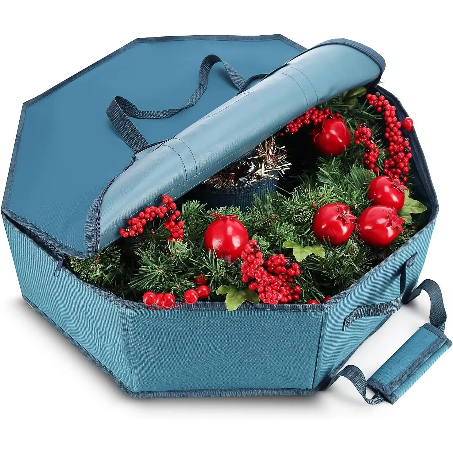 24" Premium Hard Shell Christmas Wreath Storage Container with Interior Pockets, Dual Zipper and HandlesGift