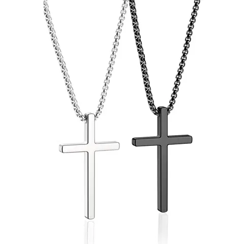 Men's Stainless Steel 2-Pc Crucifix Necklaces Set - Silver & Black Crucifixes, 16-30in Chains, 1.7*1.0in, Waterproof, Hypoallergenic, Bathing/Swimming-Safe, Strong Welded Lobster Clasp, Father's Day Gift with Gift Packaging