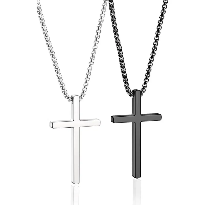 Men's Stainless Steel 2-Pc Crucifix Necklaces Set - Silver & Black Crucifixes, 16-30in Chains, 1.7*1.0in, Waterproof, Hypoallergenic, Bathing/Swimming-Safe, Strong Welded Lobster Clasp, Father's Day Gift with Gift Packaging