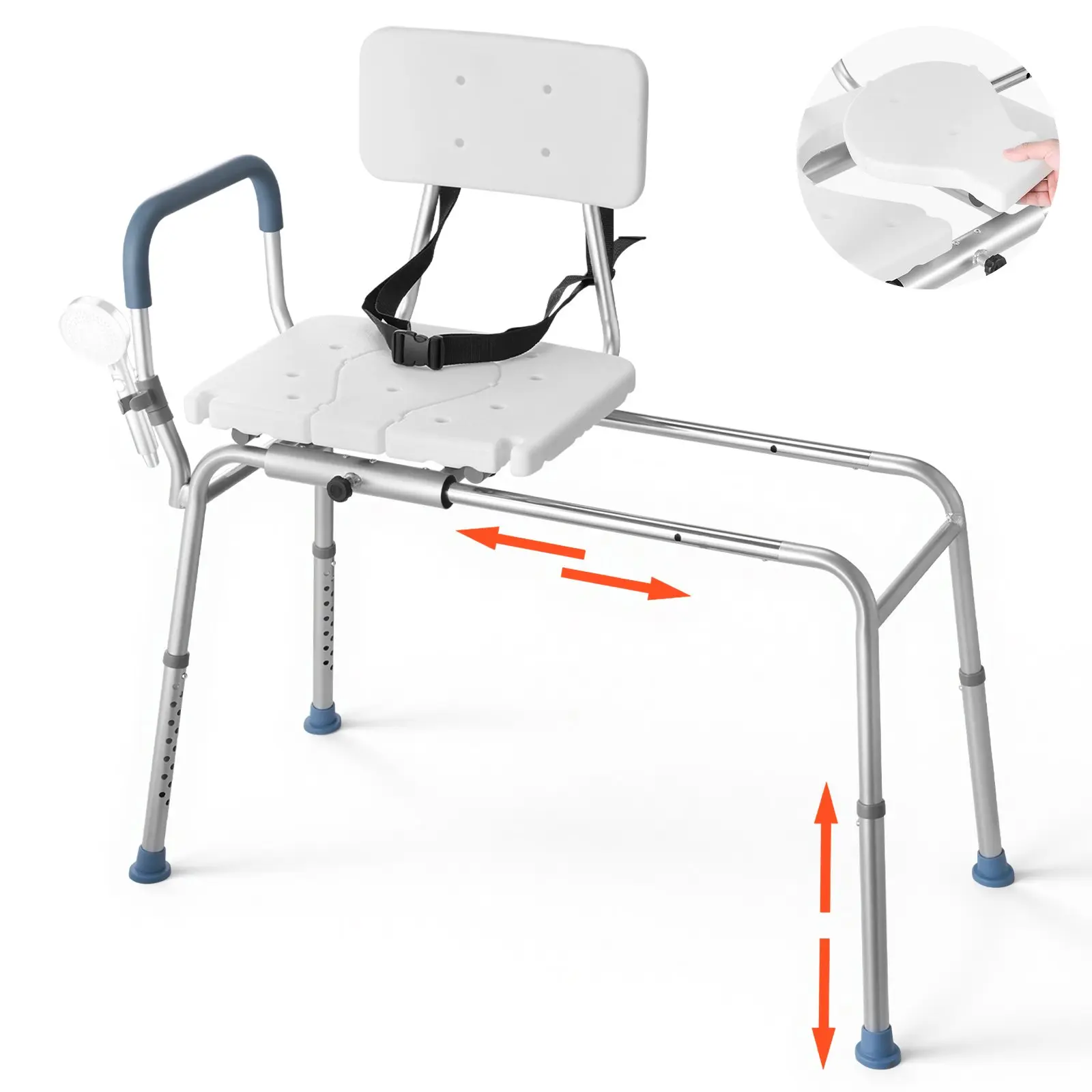 VEVOR Heavy Duty Sliding Shower Chair, 400 lbs Capacity Tub Transfer Bench with 15 Levels Height Slide Adjust, Aluminum Frame, Arms & Backrest for Seniors Disabled