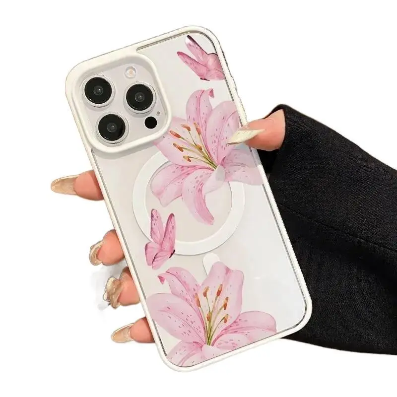 Chic Lily Charm Pattern Magnetic Smartphone Case for iPhone 11-16 Series (11,12,13,14 Pro Max,15,16 Plus) - Shockproof, Non-Slip, Transparent Silicone-Acrylic Casing, Wireless Charging Support, Handheld Devices Accessories