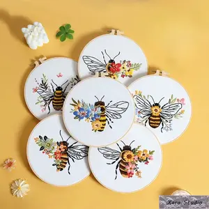 Bee Embroidery DIY Kit - 3D Floral Designs Plastic Stitching Material Pack, Beginner-Friendly Hand Embroidery Hoop Set, Printed Fabric Craft Kit for Home Decor, Creative Way to Decorate & Friends and Family Gift Idea