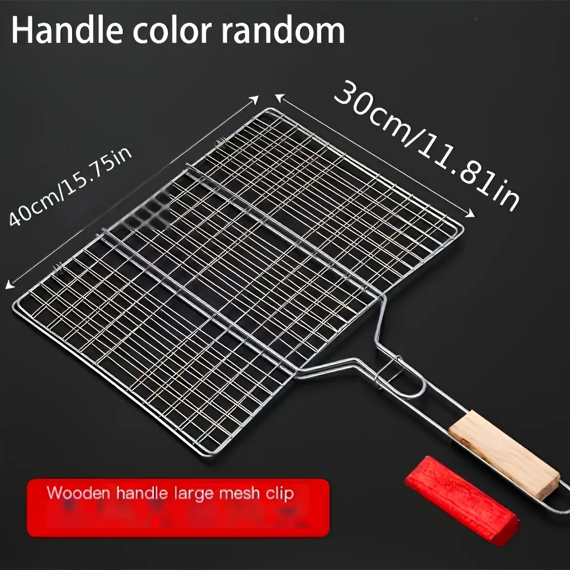 Large stainless steel barbecue basket with wooden handle for outdoor cooking of fish, shrimp, meat, and vegetables. Universal grill mesh is durable and easy to clean. Grilled chicken, grilled shrimp, grilled meat, and storage basket