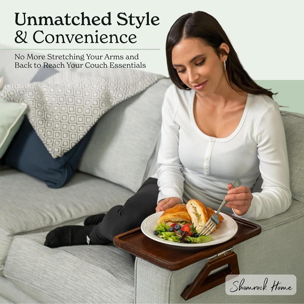 Bamboo Couch Arm Table, 1 Count Clip-on Sofa Arm Tray, Armchair Table with for TV Dinners Remotes Drinks Snacks, Rustic Sofa Table