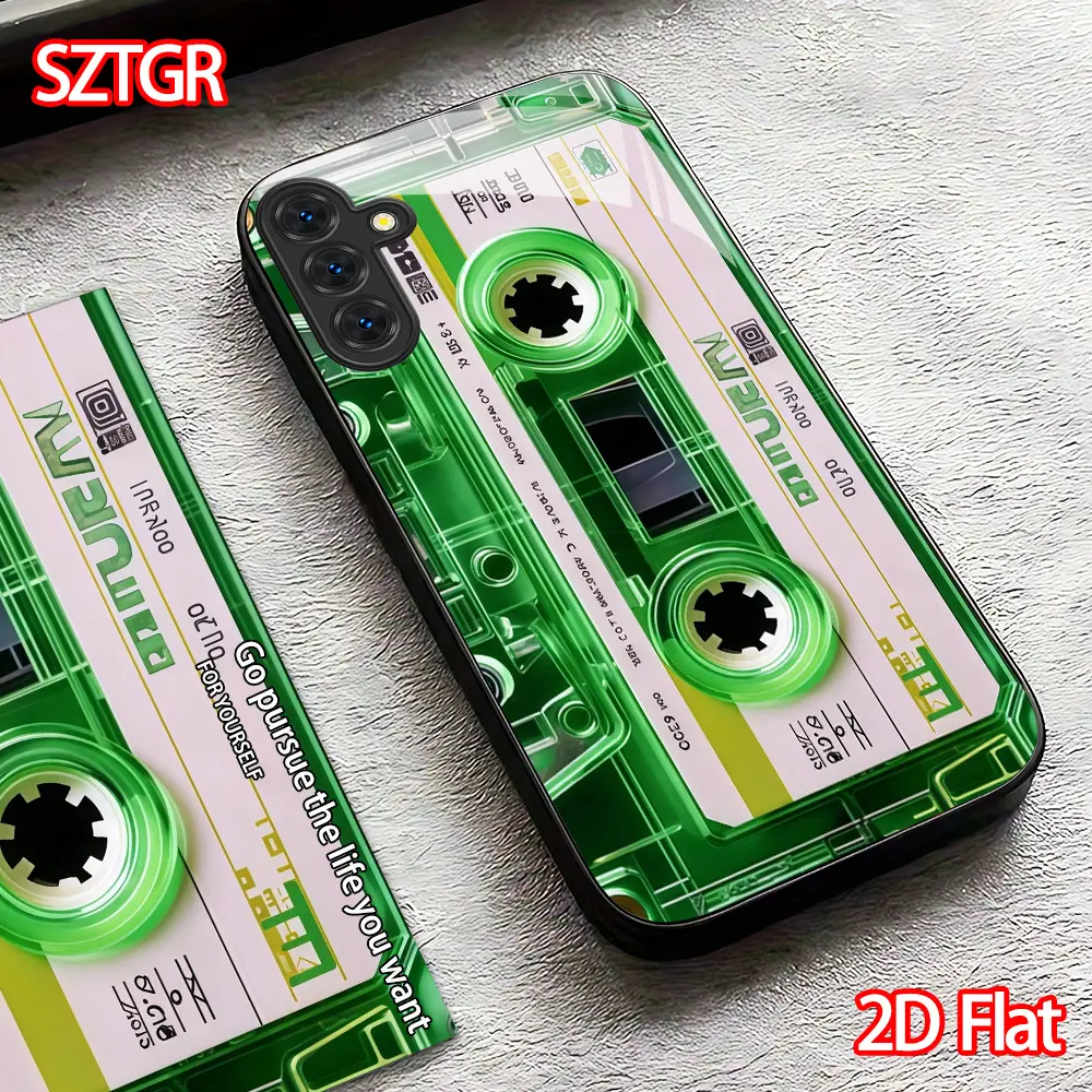 Phone Case - 2D Green Cassette Tape Phone Case Retro Style Glass Phone Case for Galaxy S26 S25 S24 S23 S22Pro S21 S20 Fe Plus Ultra Pro A56 A55 A54 A53 A52 A51 A36 A35 A34 A32 A26 A25 A24 A23 A16 A15 A14 A06 A05 A03s
