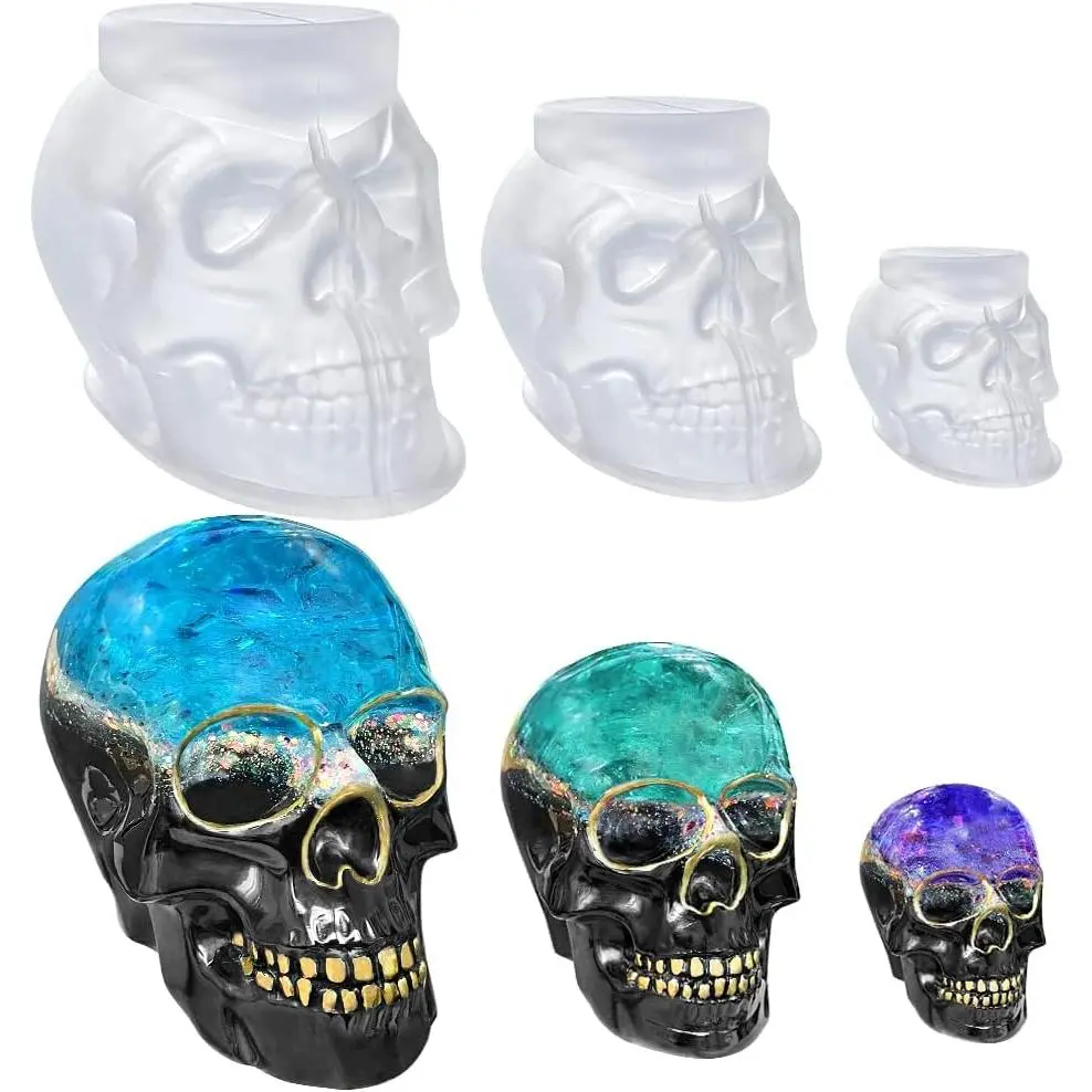 Set of Large + Medium + Small  Skull  Molds, Flexible Clear  Skull  Molds,  Molds for , Soap, Clay, Candle Wax Casting, Halloween  Decoration