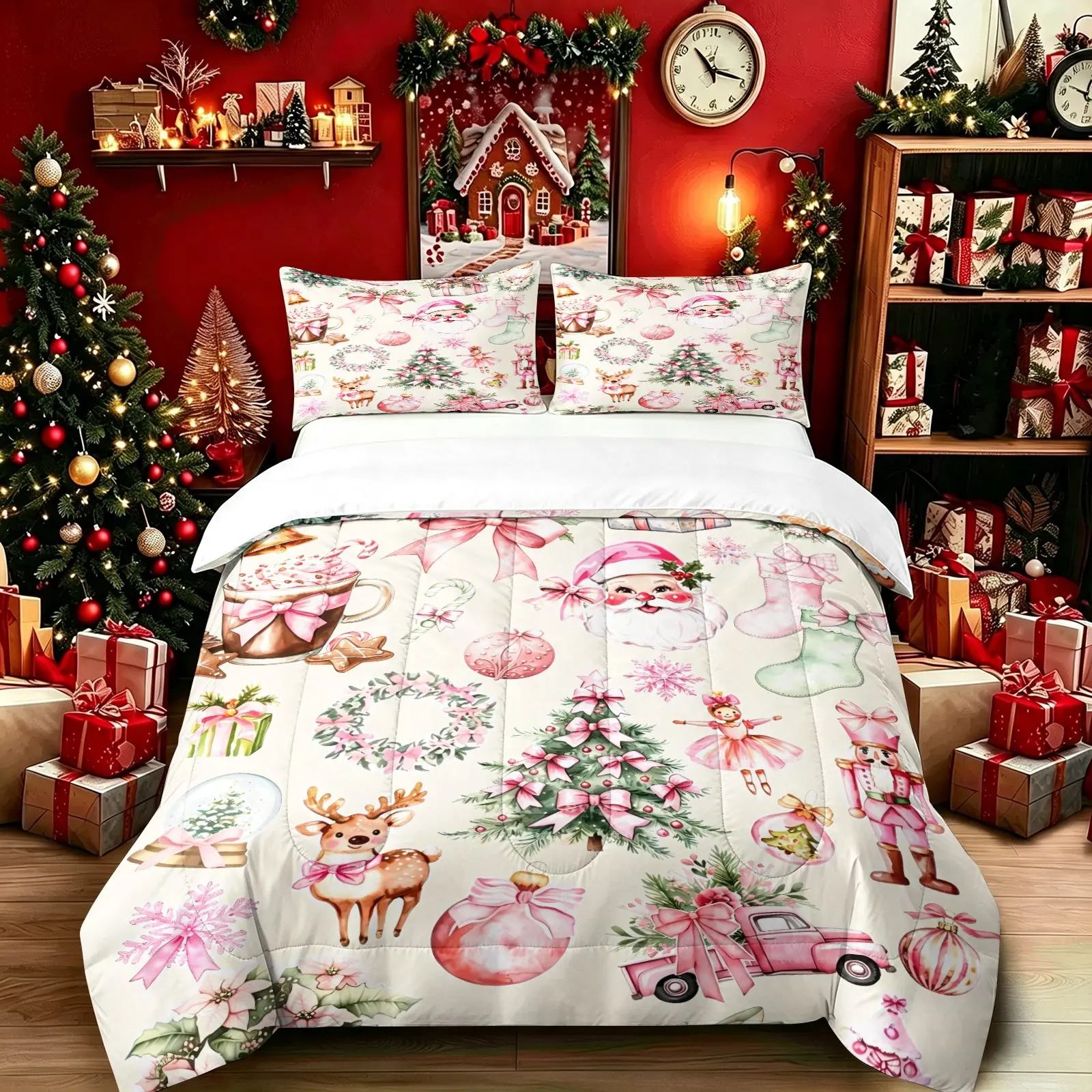 Pink Watercolor Christmas Comforter Set (1 Quilt + 1-2 Coreless Pillowcases), Soft Comfy Durable Washable, All Season Microfiber Bedding, Santa Reindeer Xmas Print Decorative Bed Set for Girls Bedroom Dorm