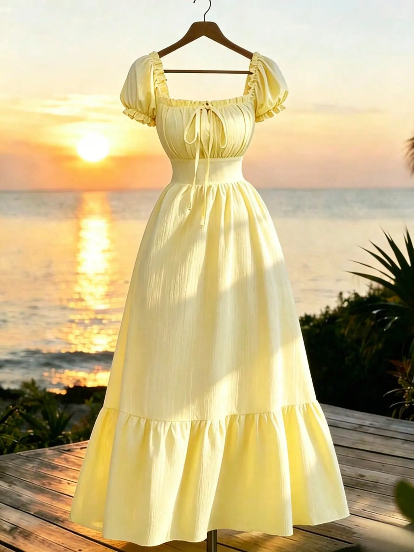 New Women's Woven Textured Bubble Short Sleeve Dress, Front Chest Tie Back Gathered Waist, Elegant Summer Vacation Casual Date Long Dress