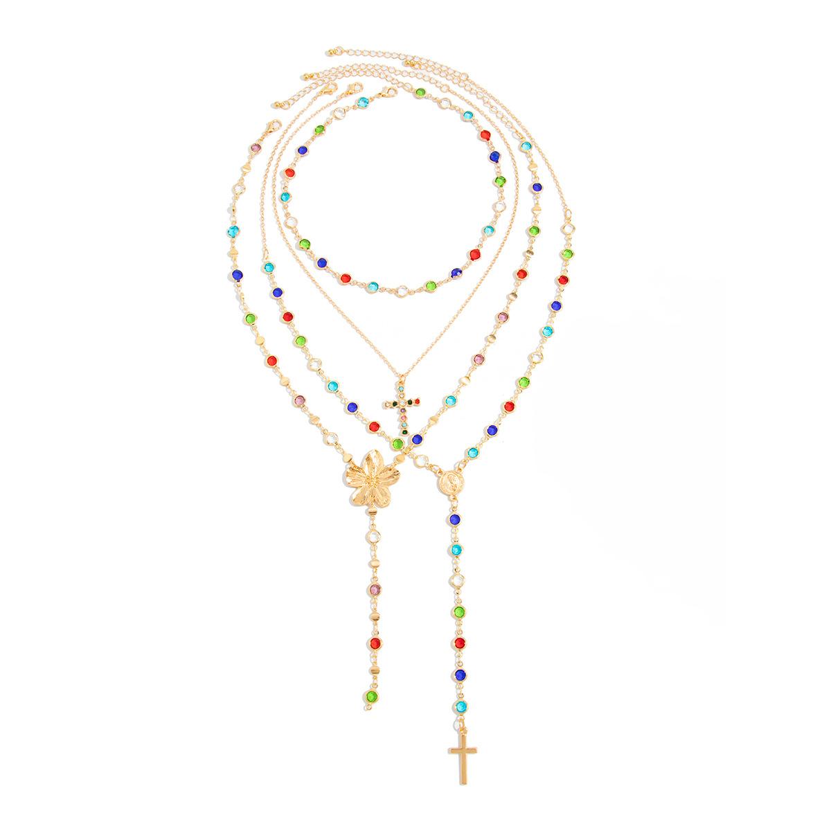 Creative Colorful Y-Shaped Multi-Layer Crystal Necklace – Sweet Style Metal Flower Choker