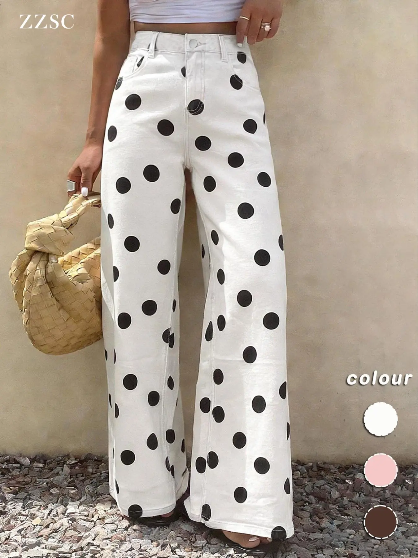 Spring Summer High-Waisted Elastic Women's Jeans, Casual Wide Leg Pants, Polka Dot Design, Regular Fit