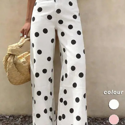 Spring Summer High-Waisted Elastic Women's Jeans, Casual Wide Leg Pants, Polka Dot Design, Regular Fit
