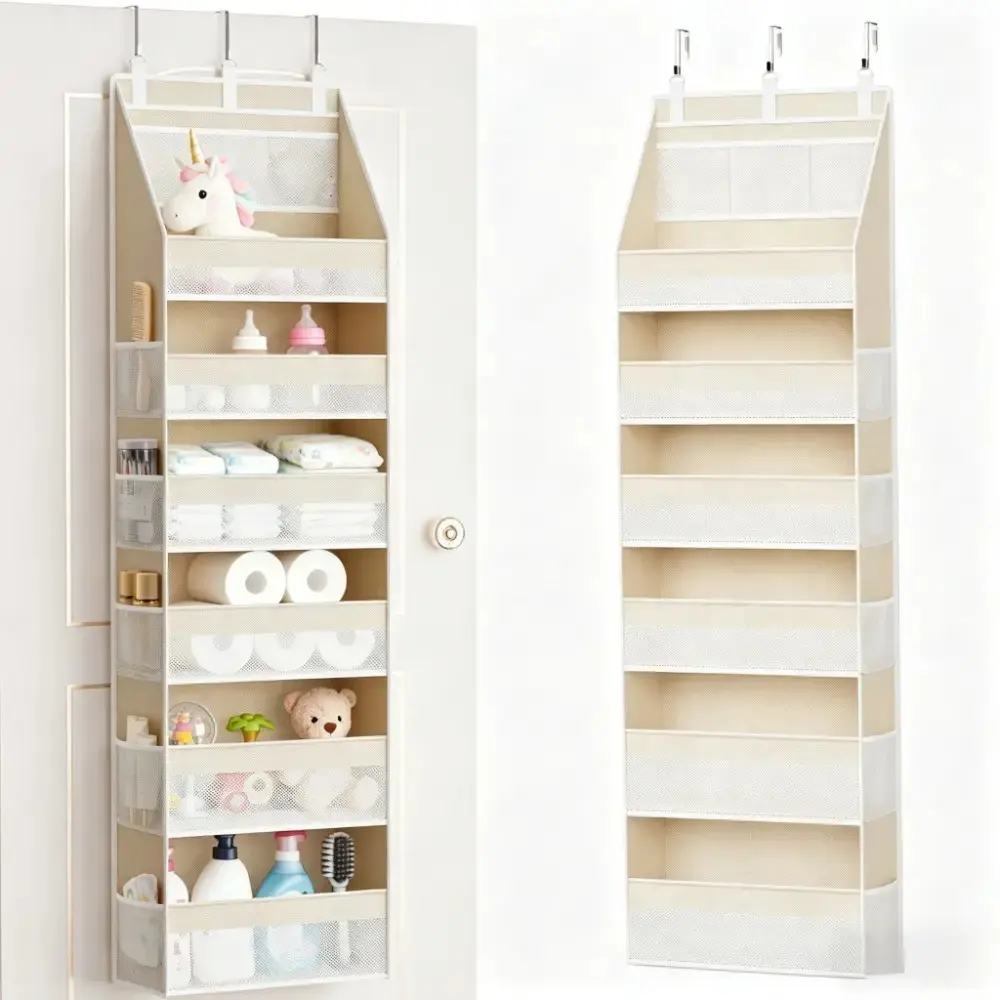Over the Door Organizer, 6-Shelf Closet Hanging Storage with 13 Mesh Pockets, Fabric Compartments, 55lbs Capacity Behind the Door Space Saver Storage, Multi Purpose Storage for Baby Nursery, Bathroom, Bedroom, and Dorm