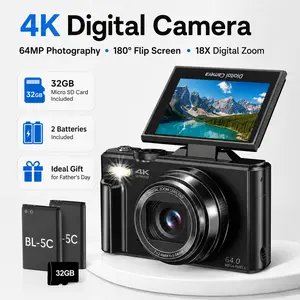 4K Digital Camera for Photography with 64MP, 3 Inch 180° Flip Screen, 18X Digital Zoom, 32GB Micro SD Card, 2 Batteries, Ideal for Gift,father'sdaygifts