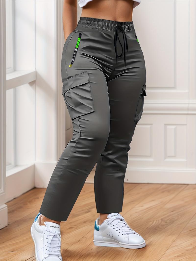 Women's Heavy-Duty Cargo Pants with Multi-Zipper Pockets & Neon Green Accents – Full-Length Trousers for Outdoor, Travel & Casual Wear in Spring/Fall Seasons – Belt-Style Waist Drawstring and Non-Slip Leg Construction