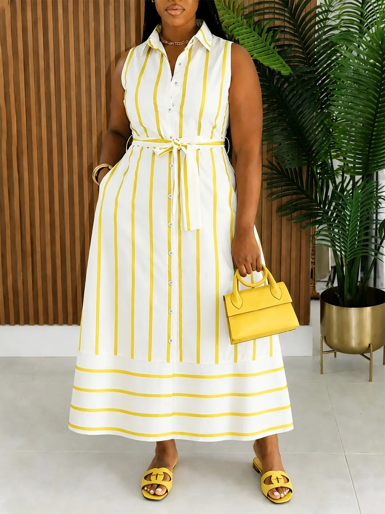Women's Sleeveless Striped Chic Shirt Dress, Lightweight Waist-Cropped Design, Collar Single Button + Tie Belt, Perfect for Summer