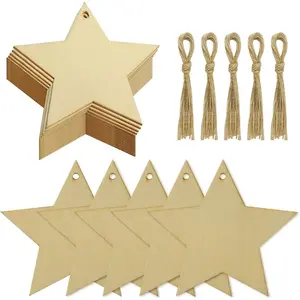 50 Pieces Natural Wooden Star Cutouts Unfinished Predrilled Wooden Star Embellishments with Natural Twine Christmas, DIY Craft, Party Decoration