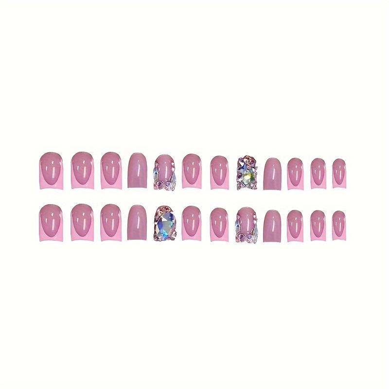 [Fashionable Nail Kit] 2 Pack 48PCS Handmade Pressing Nail and Toe Nail Set |   Pink Square Nails with 3D Rhinestones, Glossy French Pointed Design, Fashionable Nail Kit for Women