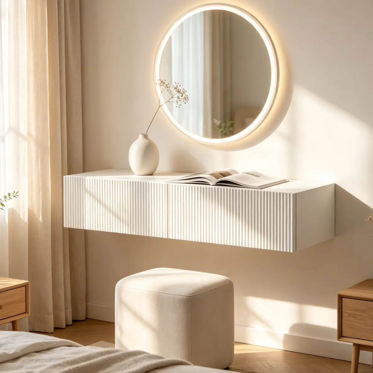 Modern Fluted Panel Floating Vanity Table, Wall Mounted Makeup Dresser with Drawers, Space Saving Cream Wall Hanging Cosmetic Cabinet