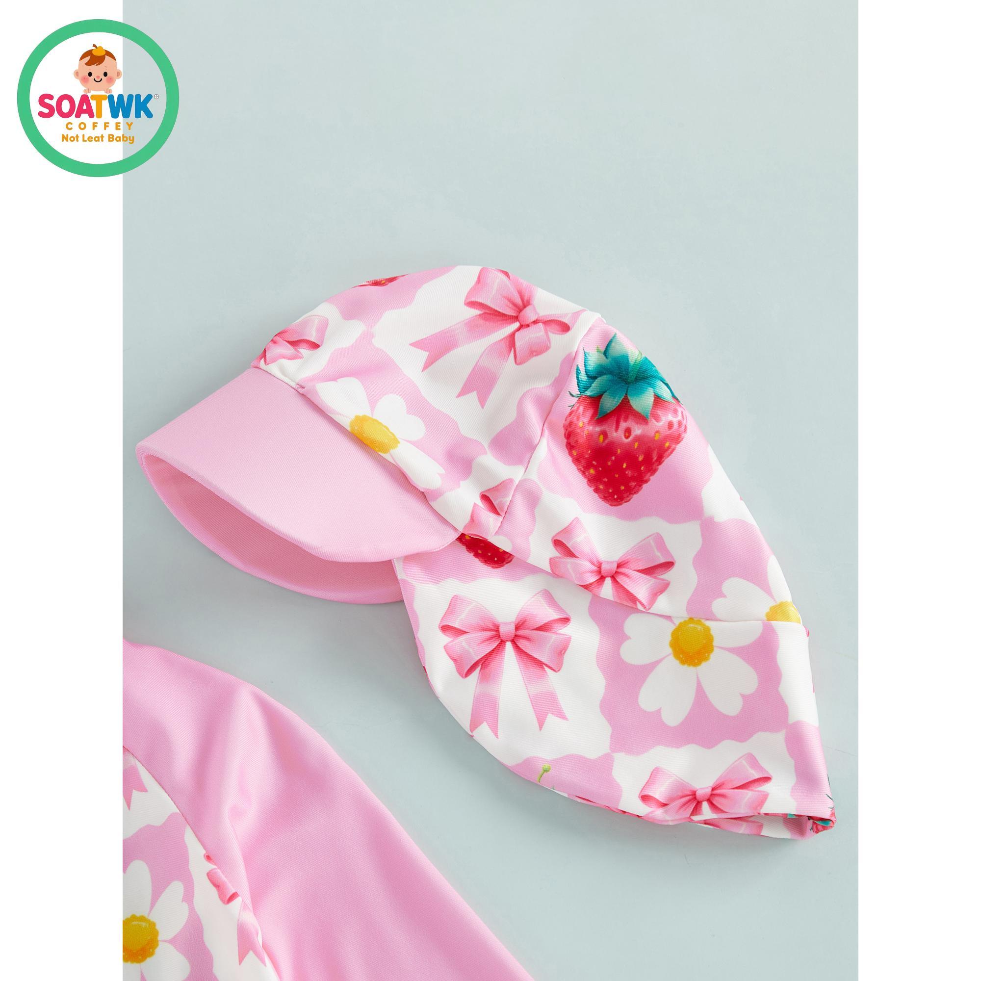Kids Girl Rash Guard Swimsuits Strawberry Bow Floral Print Long Sleeves Swimwear and Swim Cap for Toddler