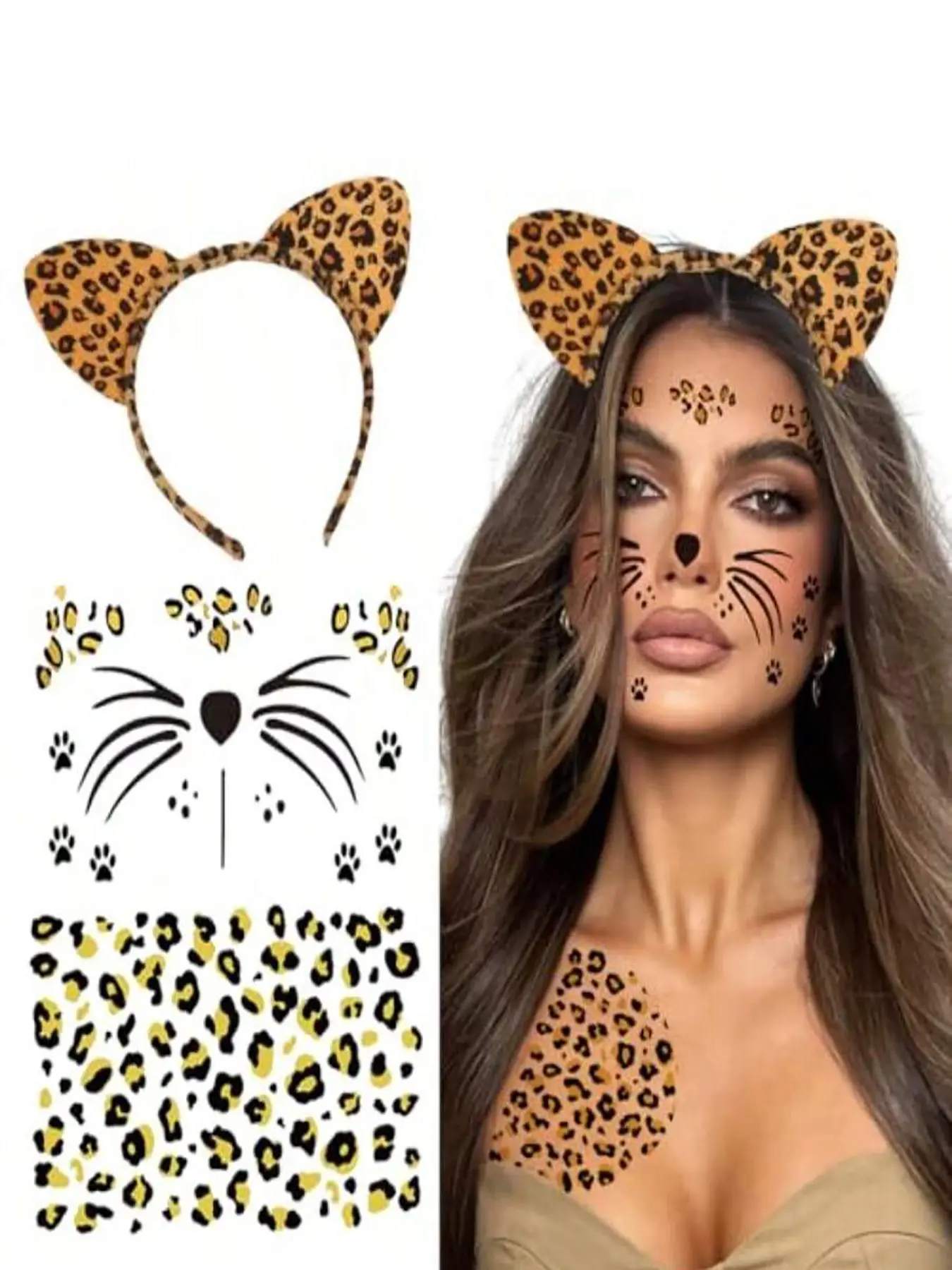 Cheetah Ears Headband Set with Leopard Tattoo & Cat Whiskers, Perfect for Cosplay, Festivals & Halloween Events, Fun Animal Costume Accessory