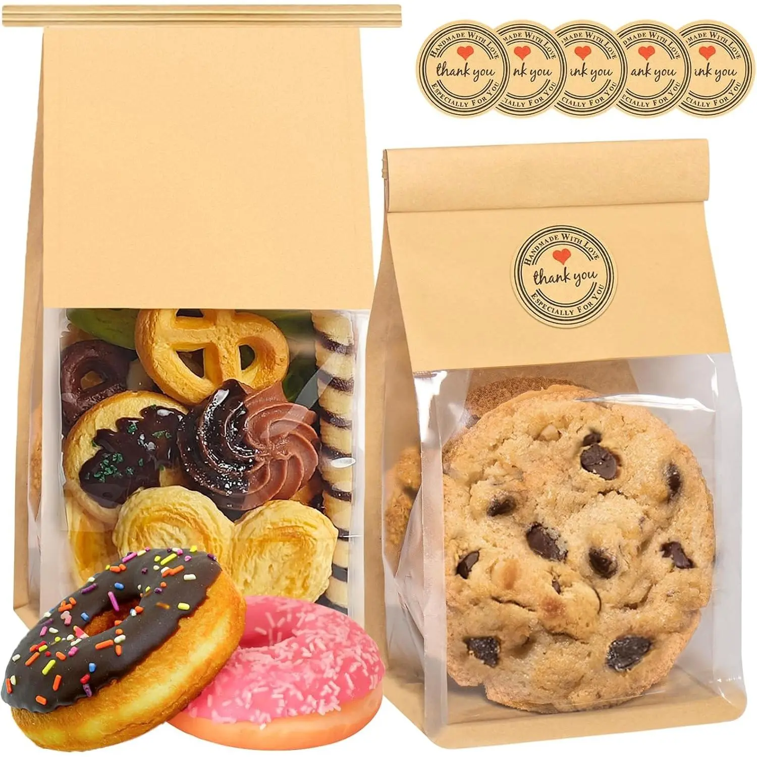 50 Pack Cookie Bags with Seal, 8.2x3.9x3.1 Inch Tin Tie Tab Lock Bakery Bags with Window Resealable Paper Packaging Bag for Muffin, Granola, Candies, Scone, Brownie, Included 50 Thank You Stickers
