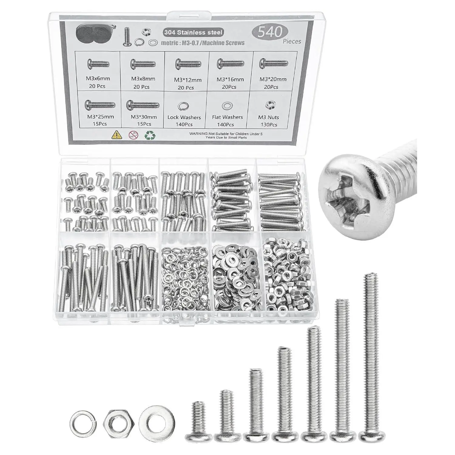 - Nuts and   Kit, 540 count, Stainless Steel | M3(7 Sizes 6-30mm)Phillips Pan  Socket Cap Screws  Nuts and  Nut Bolt and Washer  Bolt and Nut