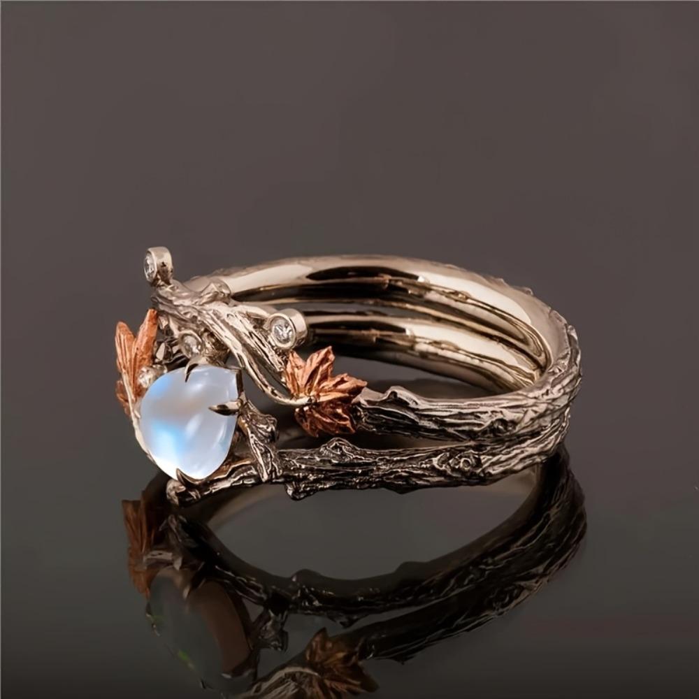 2-Piece Elegant Maple Leaf Statement Ring Set with Blue Stone Rose Golden Plating Vintage Quality Women’s Jewelry for Daily Wear Birthdays Valentine’s Day Christmas