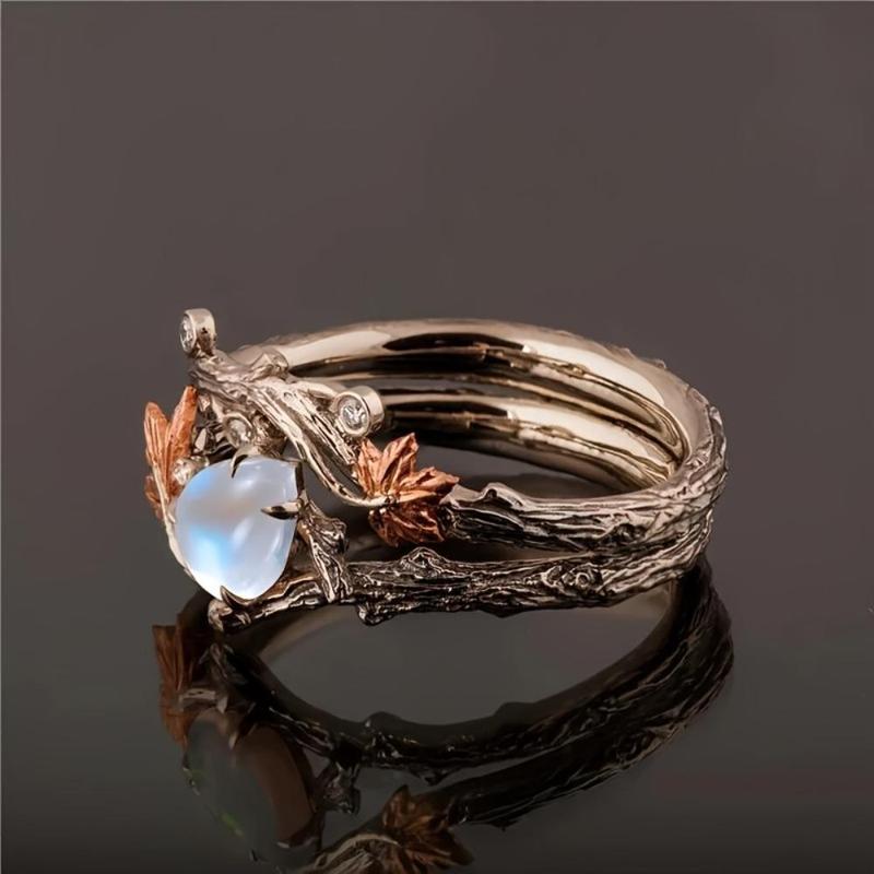 2-Piece Elegant Maple Leaf Statement Ring Set with Blue Stone Rose Golden Plating Vintage Quality Women’s Jewelry for Daily Wear Birthdays Valentine’s Day Christmas