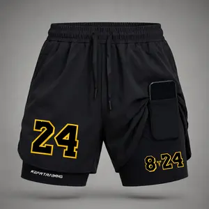 Men’s Number 24 Graphic Print 2-in-1 Athletic Shorts, Built-in Compression Liner, Secure Inner Phone Pocket, Elastic Drawstring Waist, Quick-Dry Gym Running Training Shorts for Summer Daily Wear