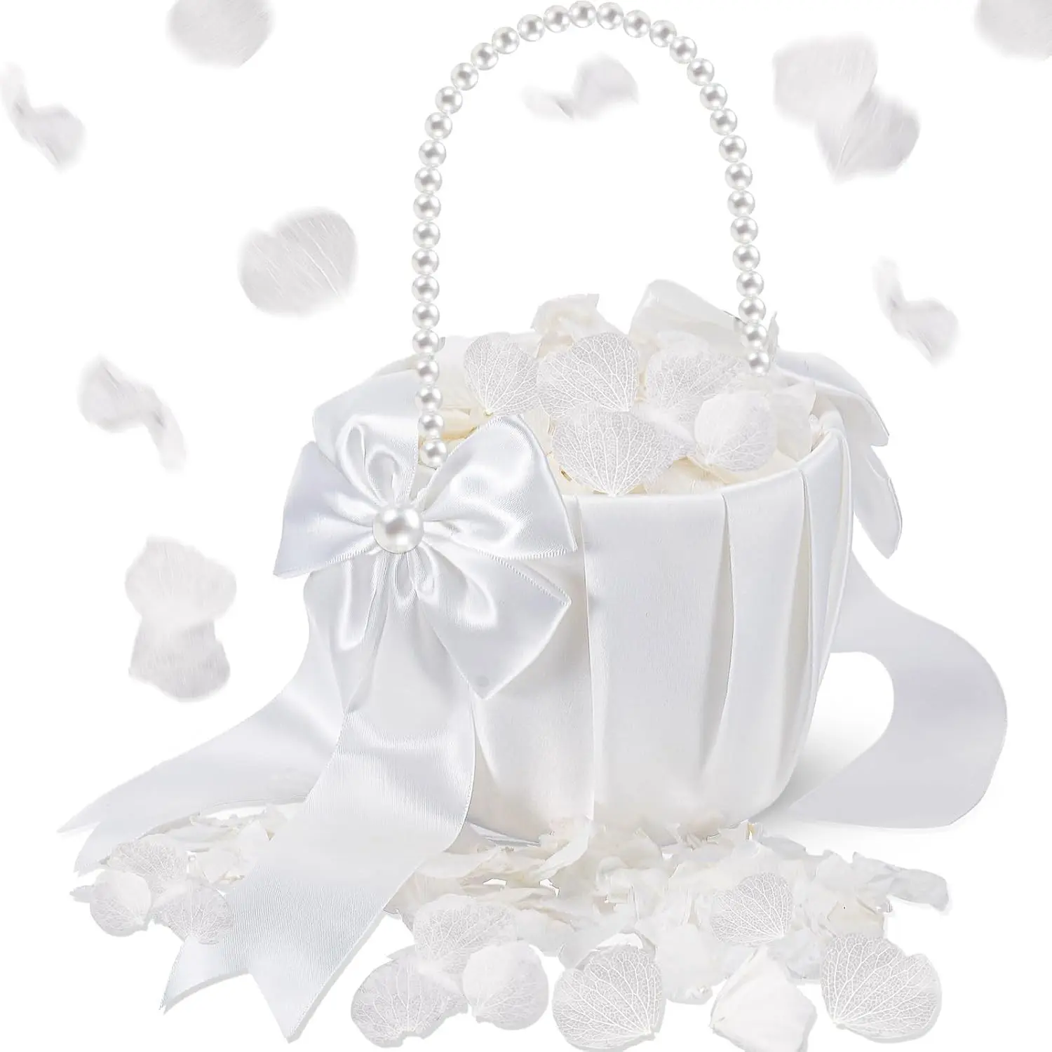 1 Set Wedding Flower Girl Basket and Real Petals Set - Ivory Flower Girl Basket with Pearl Handle True Dried Hydrangea for Wedding Bridal Party Romantic Night Proposal Anniversary Decoration