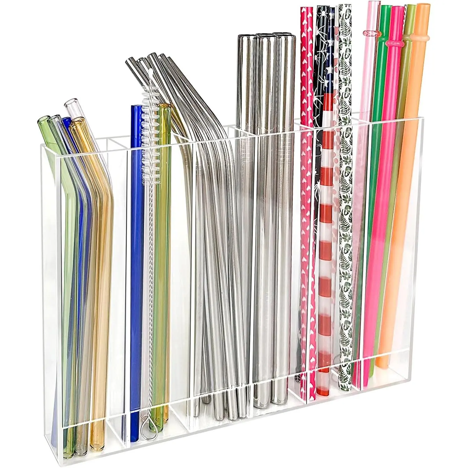 9.6” Large  Straw Holder for Cabinet Door - 6 compartments, easy to clean,  Tumbler Straw Organizer Storage, Small Kitchen Accessories Container, Ultra Sticky Cupboard Door Mounted