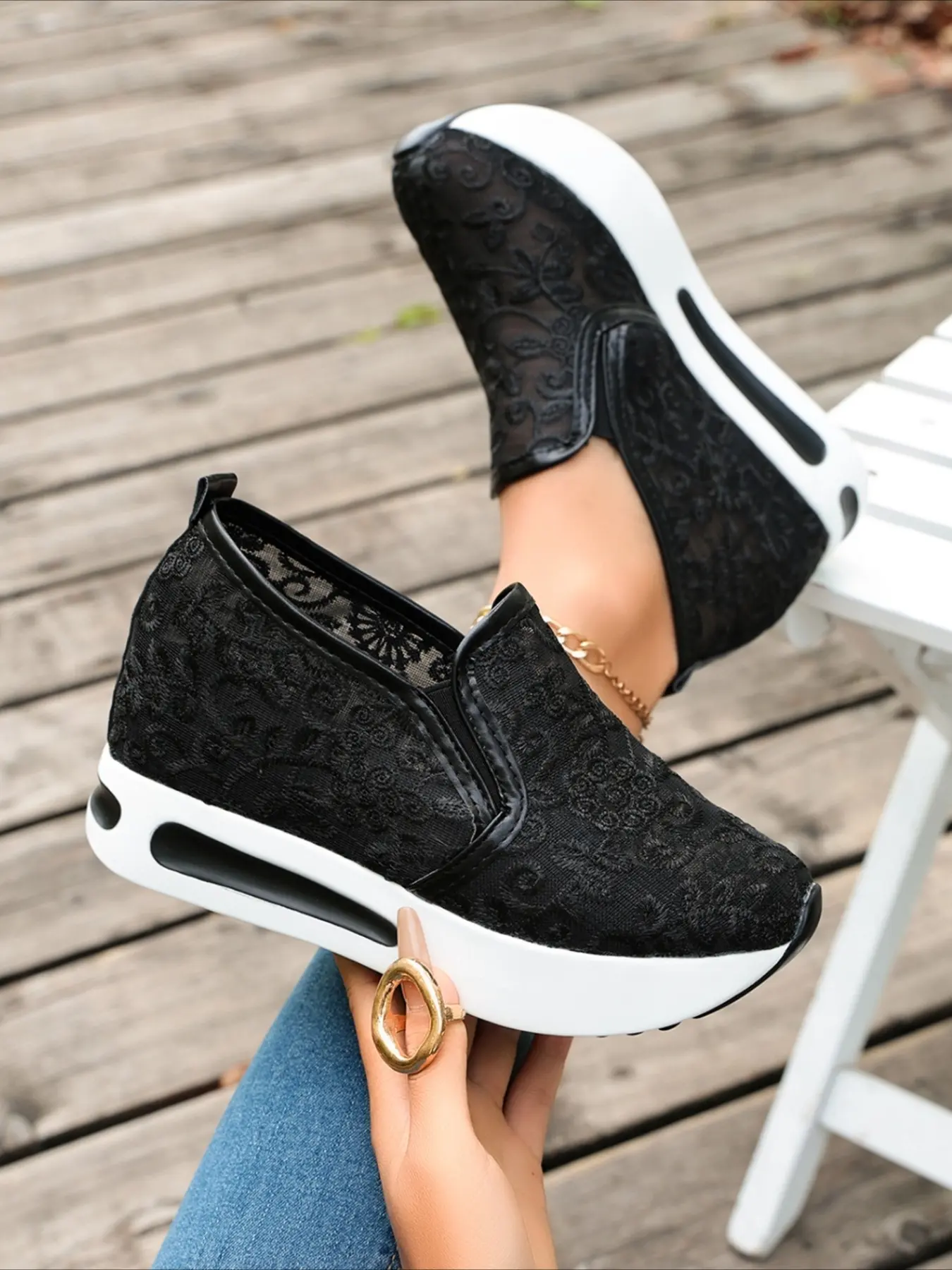 Lace mesh slip-on wedge sneakers air cushion platform lightweight breathable casual women walking shoes multiple colors Casual Fashion Shoes