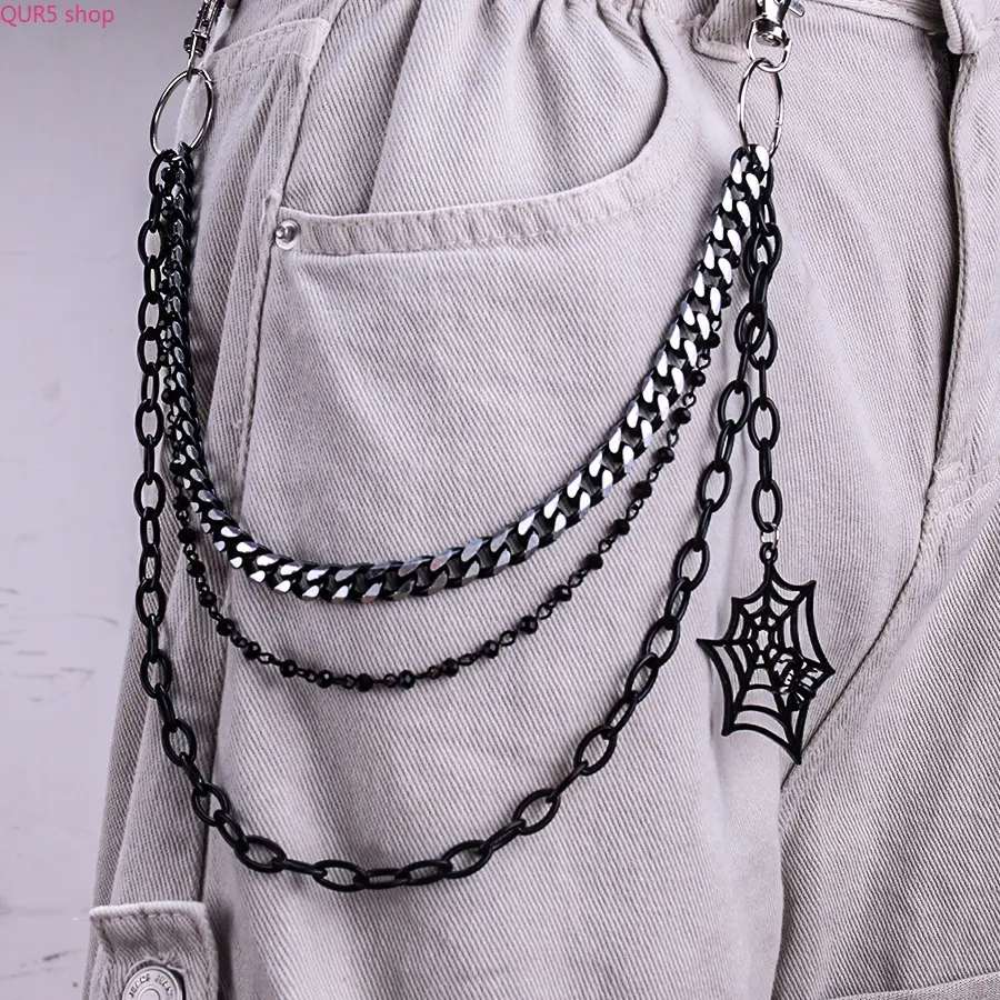 Three-Layer Metal Pant Chain With Spiderweb Pendant, Punk Gothic Waist Accessory, Detachable Clip-On Decor Attachable To Jeans For Halloween Streetwear And Dark Aesthetic Daily Outfits