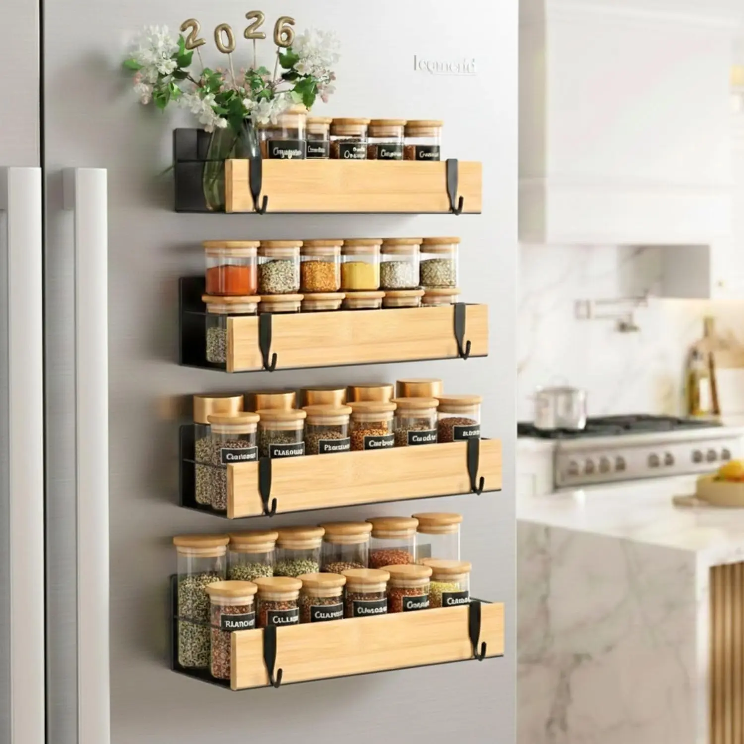(4 Pack)   Storage Rack Organizer for Refrigerator and Oven, 4   Shelf, Black Fridge Storage,  Rack Organizer, Metal-