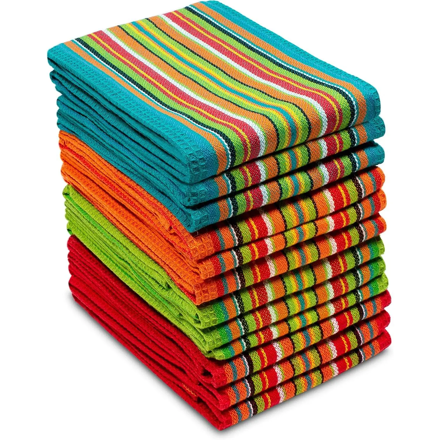 Salsa Stripe Towels - 12 Pack 100% Cotton Dish Cloth| 16x28 inch Multi - Absorbent Reusable Low Lint Quick Dry - Multi Purpose Cooking Drying Restaurant Bar Cloth