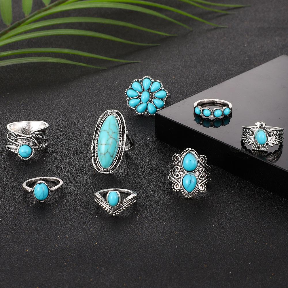 Vintage Boho Turquoise Stackable Ring Set 8Pcs | Ethnic Style Carved Feather Flower Statement Rings | Silver Tone Bohemian Fashion Jewelry for Daily & Festival Wear