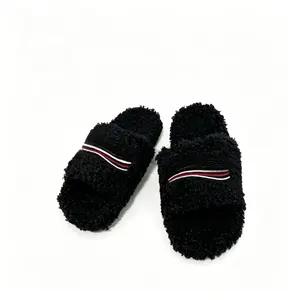 Winter Warm Fuzzy Slides, Unisex Plush Open-Toe Slippers, Casual Indoor & Outdoor Fluffy Slippers with Embroidery
