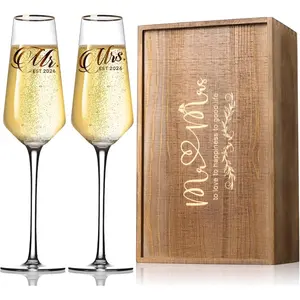 Wedding Champagne Flutes Glasses Set of 2 Hand Blown Toasting Flutes for Bride and Groom Mr and Mrs Champagne Glasses for Wedding Engagement Anniversary Bridal Shower Commemorative Box Set