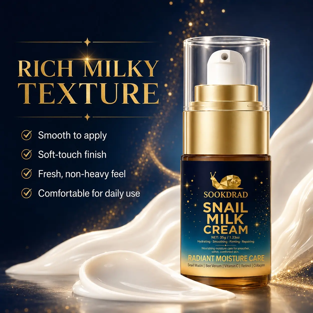 Snail Milk Cream, snail mucin, bee venom, vitamin c, retinol, collagen, hydrating, smoothing, firming, repairing, boosts skin radiance, radiant moisture care, nourishing, smoother skin, soft skin, comforted skin,