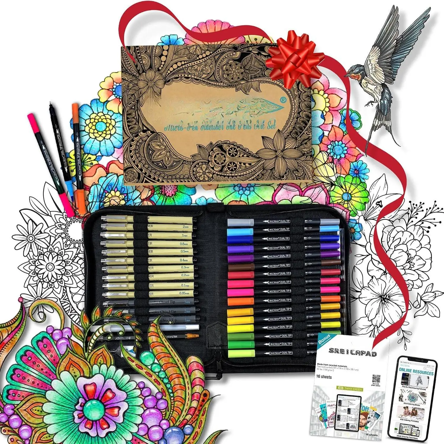 Professional Artist Drawing Pens Set (36 Pcs)  16  Brush Markers, 10 Archival Fineliners, 3 Calligraphy Pens, White Gel Pen & Sketchbook   Ink for Sketching & Lettering