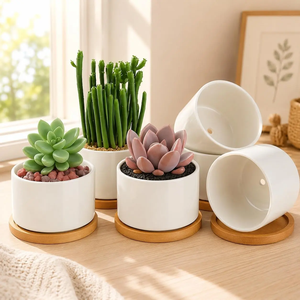 6-Pack Round White Ceramic Succulent Planters - 3.6 in, with Drainage Hole, Bamboo Tray, Indoor Pots for Home Office Desk Decor