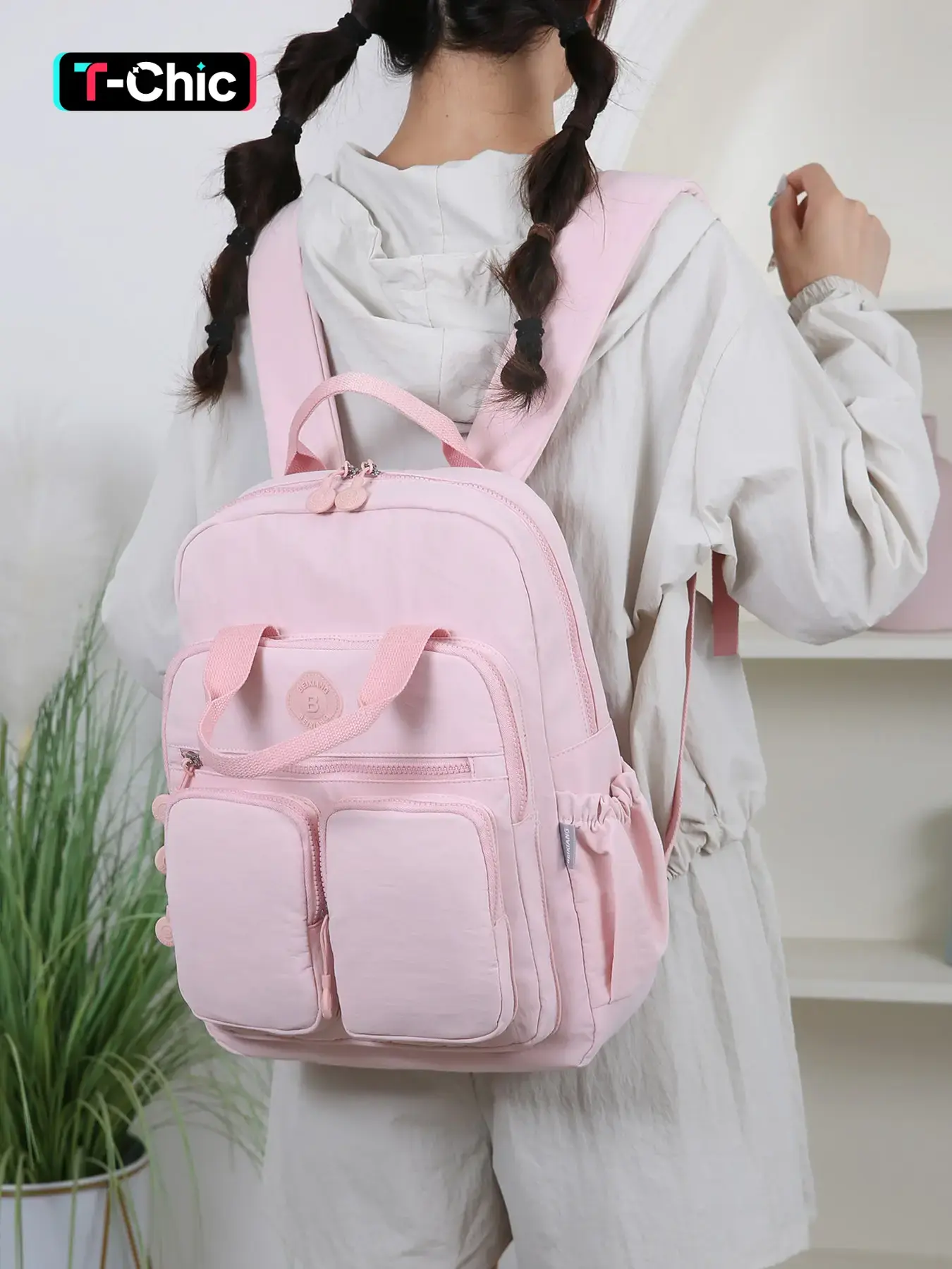 Large capacity lightweight solid color backpack, Multi compartment backpack, multi-pocket student backpack with dual side elastic pockets for water bottles and umbrellas, thickened sponge shoulder straps to reduce back load storage backpack
