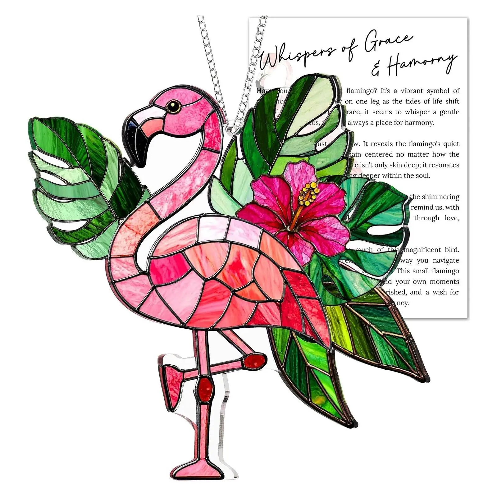 Flamingo Acrylic Suncatcher Window Ornament with Story Card - 4.6" Faux Stained Glass Hanging Decor, Pink Christmas Tree & Tropical Palm Decoration, Gift for WomenGift