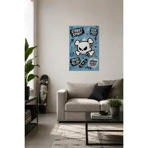 Street Spirit Blue Graffiti Canvas Poster, Skull Crossbones Skateboard Wall Art, Edgy Urban Print for Teen Bedroom, Skate Room, Gaming Room, Modern Aesthetic Home Decor Gift,wall decor,poster.